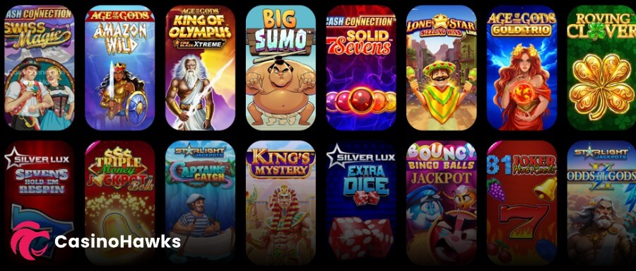 An online casino jackpot slots grid set on a dark theme displaying sixteen game thumbnail cards across two rows. Top row showcases Playtech and Novomatic progressive titles: Cash Connection Swiss Magic, Age of the Gods: Amazon Wild, Age of the Gods: King of Olympus Fire Blaze Xtreme, Big Sumo, Cash Connection Solid 7s, Lone Star Sizzling Wins Link, Age of the Gods: Gold Trio, and Roving Clover with a golden four-leaf clover. Bottom row showcases: Silver Lux Sevens Hold 'em Respin, Triple Money Jackpot Bells, Starlight Jackpots Captain's Catch, King's Mystery, Silver Lux Extra Dice, Bouncy Bingo Balls Jackpot, 81 Joker Hot Reels, and Odds of the Gods II Starlight Jackpots.
