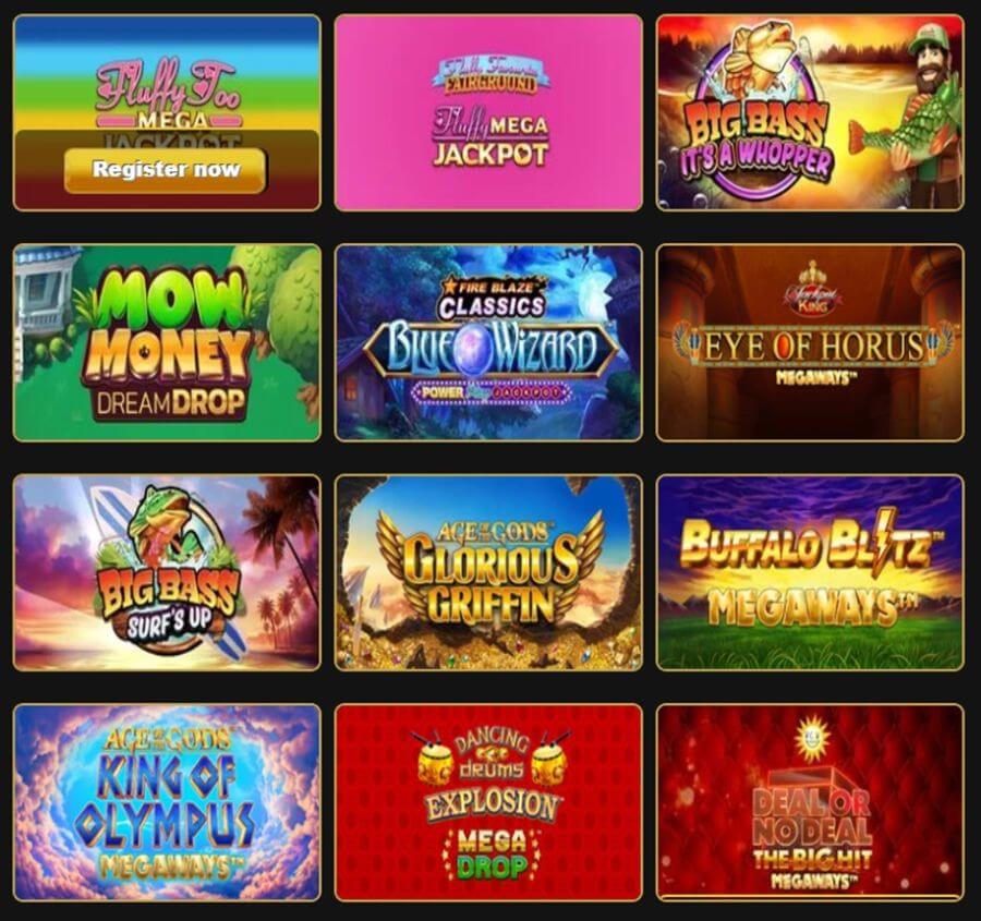 Online casino slot selection displaying popular Megaways and jackpot games like Mow Money Dream Drop, Blue Wizard, and Deal or No Deal The Big Hit Megaways.