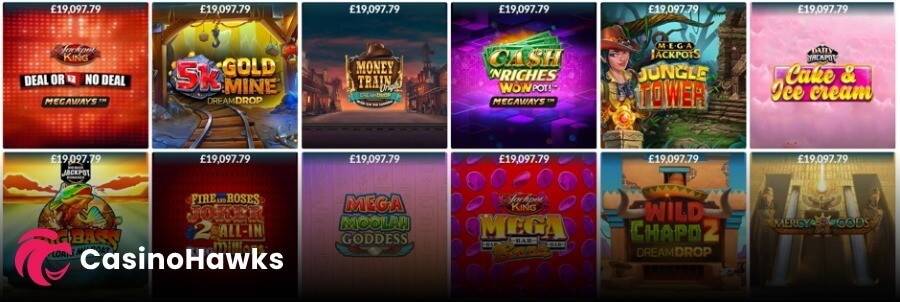An online casino gaming lobby interface displaying a two-row grid of twelve progressive jackpot slot tiles on a dark layout. Each game tile features a live ticker displaying a synchronized network prize pool baseline of £19,097.79 across the top. Featured titles include Blueprint's Deal or No Deal Megaways Jackpot King, Relax Gaming's 5k Gold Mine Dream Drop, Money Train Origins Dream Drop, Cash 'N Riches WowPot Megaways, Mega Jackpots Jungle Tower, Daily Jackpot Cake & Ice Cream, Big Bass Floats My Boat Jackpot Play, Fire and Roses Joker 2 All-In King Millions, Mega Moolah Goddess, Jackpot King Mega Bars, Wild Chapo 2 Dream Drop, and NetEnt's Mercy of the Gods. A white "CasinoHawks" watermark logo is visible over the bottom-left tile.