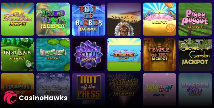 An online casino game selection catalog highlighting a three-row grid of eighteen Eyecon progressive jackpot slot tiles on a deep purple interface. The software collection includes prominent titles such as Fluffy Favourites Jackpot, Kiss Me Clover, Beat the Bobbies, Shaman's Dream, Fluffy Too Jackpot, Piggy Payout, Irish Luck Jackpot, Enchanted Prince, Crystal Lotus, Fluffy Favourites Fairground, Temple of Iris, Secret Garden Jackpot, Stampede Jackpot, White Wizard, Hot off the Press, Fireworks Frenzy, 99 Time Jackpot, and Unicorn Bliss Jackpot. A pink and white "CasinoHawks" affiliate watermark logo overlays the bottom left card