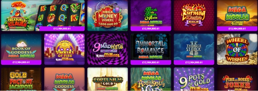 An online casino progressive jackpots lobby grid showcasing popular slot games with live ticker displays. Featured titles on purple tickers displaying £12,984,800.61 include Treasures of Kilauea Mega Moolah, Break da Bank Again Mega Moolah, Mega Moolah 4 Tuned Reels, Book of Goddess Mega Moolah, Immortal Romance Mega Moolah, and Thunderstruck II Mega Moolah. Additional progressive jackpot slots displayed include Mega Money Wheel (£1,000,000.00), 9 Masks of Fire King Millions, 9 Mad Hats King Millions, Wheel of Wishes, Gold Factory Jackpots, Mega Moolah Goddess, Fortunium Gold Mega Moolah, Mega Moolah Absolutely Mad, 9 Pots of Gold King Millions, and Fire and Roses Joker King Millions.