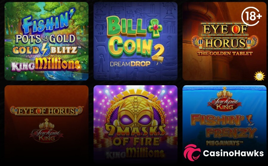 A 2x3 online casino lobby grid displaying six jackpot slot game tiles on a dark background. Top row features Games Global's Fishin' Pots of Gold Gold Blitz King Millions, Relax Gaming's Bill & Coin 2 Dream Drop, and Blueprint Gaming's Eye of Horus The Golden Tablet beneath an 18+ age restriction badge and a sun logo. Bottom row displays Eye of Horus Jackpot King, 9 Masks of Fire King Millions, and Fishin' Frenzy Megaways Jackpot King, with the Casino Hawks pink lion co-branding logo in the bottom right corner.