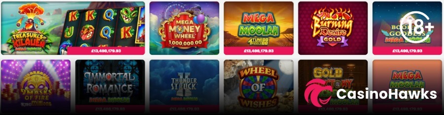 A 2x6 progressive jackpot slot lobby grid displaying eleven thumbnail tiles on a white interface. Top row features Treasures of Kilauea Mega Moolah showing a live £13,498,179.93 prize ticker across a slot reel screenshot, Mega Money Wheel 1,000,000.00, Mega Moolah 4 Tuned Reels, Burning Desire Gold, and Book of Goddess Mega Moolah beneath an 18+ age restriction badge. Bottom row displays 9 Masks of Fire King Millions, Immortal Romance Mega Moolah, Thunderstruck II Mega Moolah, Wheel of Wishes, Gold Factory Mega Moolah, and Mega Moolah, with the Casino Hawks pink lion co-branding logo in the bottom right corner.