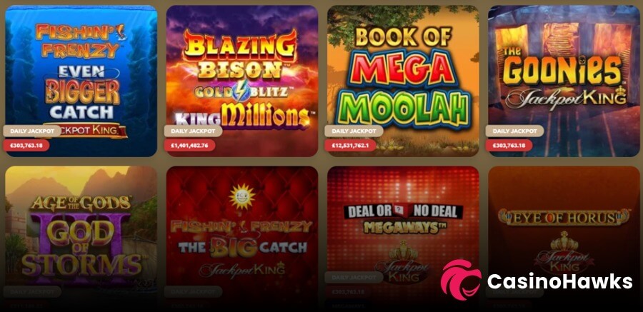 An online casino progressive jackpot lobby grid displaying eight rounded game cards set against a dark background. The top row features Fishin' Frenzy Even Bigger Catch Jackpot King with a "DAILY JACKPOT" badge reading £303,763.18; Games Global's Blazing Bison Gold Blitz King Millions showing £1,401,482.76; Games Global's record-breaking Book of Mega Moolah with a live ticker reading £12,531,762.10; and Blueprint's The Goonies Jackpot King showing £303,763.18. The bottom row showcases Playtech's Age of the Gods: God of Storms, Fishin' Frenzy The Big Catch Jackpot King, Deal or No Deal Megaways Jackpot King, and Eye of Horus Jackpot King. Includes a CasinoHawks watermark in the bottom right corner.