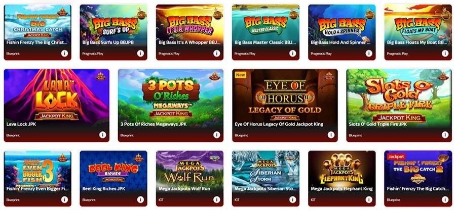 A grid of progressive jackpot slots for the UK market featuring the Jackpot King network and Mega Jackpots. Game titles include Fishin' Frenzy The Big Catch, Big Bass Surfs Up, 3 Pots O' Riches Megaways, and Eye of Horus Legacy of Gold. This targets search intent for "best jackpot slots UK," "Jackpot King progressive games," and "Big Bass jackpot variants."