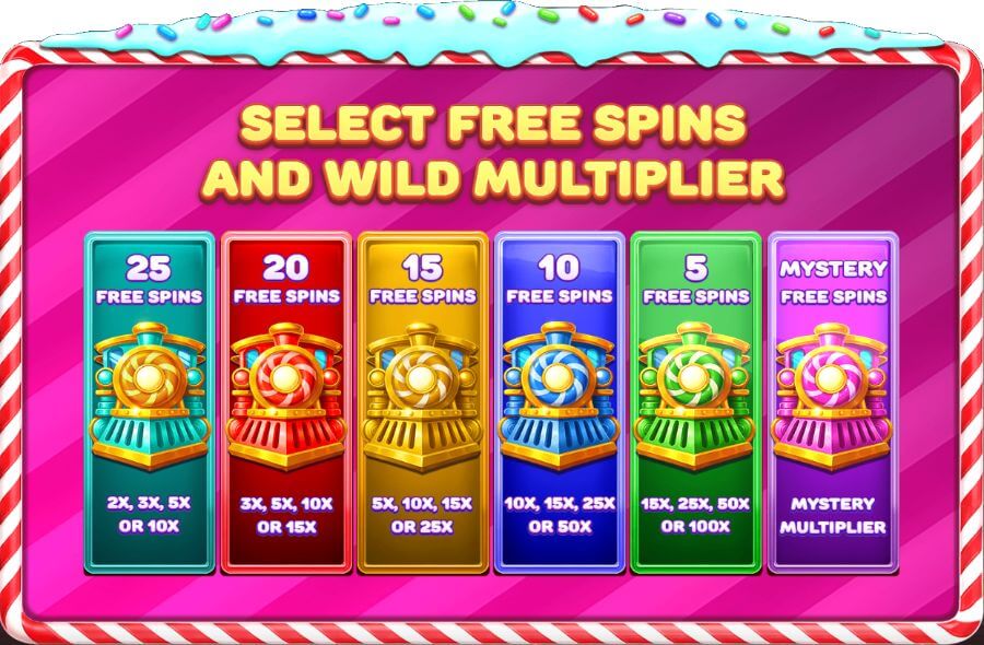 Jelly Express slot free spins selection screen showing different wild multiplier options and mystery free spins.