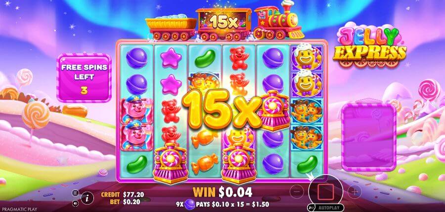 Jelly Express slot free spins round showing a 15x win multiplier and candy symbols on the reels