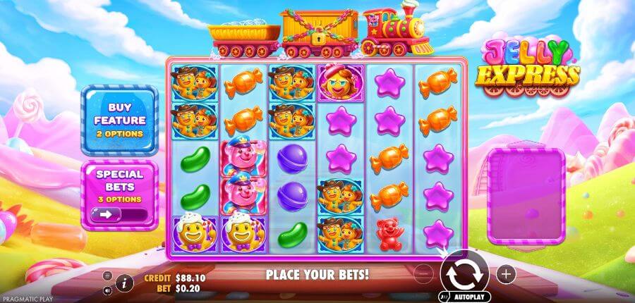 Jelly Express online slot by Pragmatic Play featuring candy-themed symbols and trains.