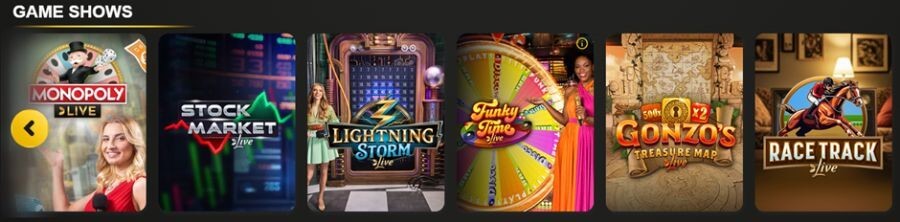 A selection of popular live casino game shows for the UK market, featuring a row of interactive titles including Monopoly Live, Stock Market Live, Lightning Storm Live, and Funky Time Live. The grid also highlights themed adventures like Gonzo’s Treasure Map Live and the sports-focused Race Track Live. The interface displays professional live hosts and vibrant studio environments, targeting high-volume search intent for modern live dealer entertainment.