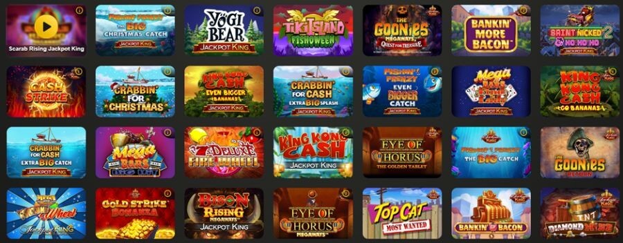 A grid of popular UK online slots featuring the Jackpot King progressive network. The selection includes top-tier titles like The Goonies Megaways, Fishin' Frenzy Even Bigger Catch, King Kong Cash Even Bigger Bananas, and Eye of Horus The Golden Tablet. Seasonal and themed slots are displayed, including Crabbin' For Christmas and Bankin' More Bacon, alongside high-volatility titles like Bison Rising Megaways and Diamond Mine.