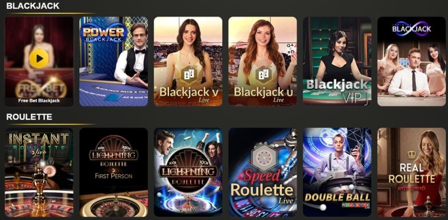 UK live casino lobby featuring rows for Blackjack and Roulette with professional live dealers. The blackjack section includes Free Bet Blackjack, Power Blackjack, Blackjack VIP, and Infinite Blackjack. The roulette section showcases high-traffic titles such as Instant Roulette Live, Lightning Roulette (First Person and Live versions), Speed Roulette, Double Ball Roulette, and Real Roulette with Sarah.