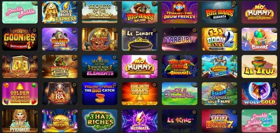 UK online slot lobby featuring a 5x7 grid of popular titles. The selection highlights the Big Bass franchise with Big Bass Splash, Bonanza, and Secrets of the Golden Lake. Popular UK classics include Double Bubble, Starburst, Fluffy Favourites, and Wolf Gold. Branded and themed titles like The Goonies Quest for Treasure, Book of Dead, Fishin' Frenzy The Big Catch 3, and Le Bandit are prominently displayed alongside new releases like Gold Blitz Express.