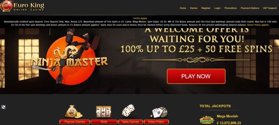 Euro King Online Casino homepage featuring a Ninja Master welcome bonus offer of 100% up to £25 plus 50 free spins for UK players.