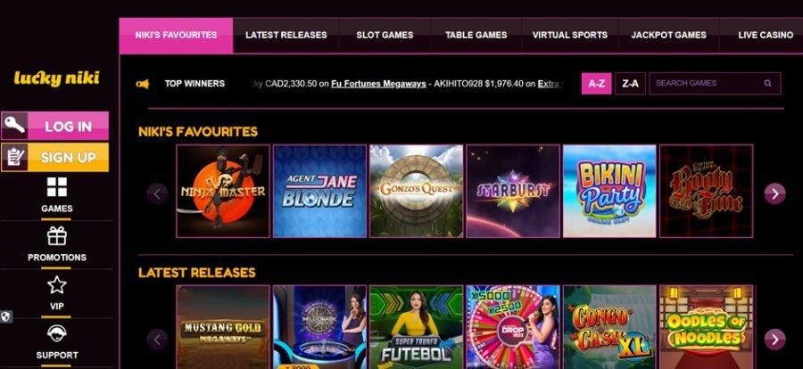 Lucky Niki online casino homepage showing slot games, latest releases, and UK player sign-up navigation menu.