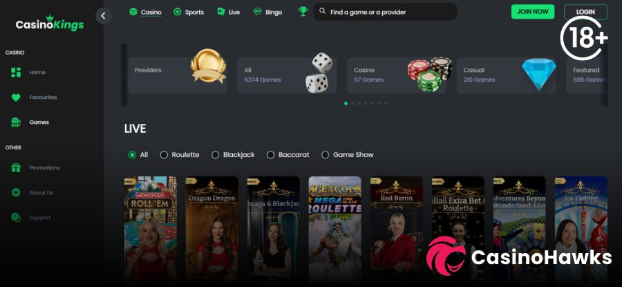 A dark-mode user interface screenshot of the Casino Kings desktop homepage lobby. The top navigation bar shows green links for Casino, Sports, Live, and Bingo, a search bar, bright green "JOIN NOW" and "LOGIN" buttons, and an 18+ age verification badge. Category banners highlight over 6,374 total games, 97 casino games, and 210 casual games. The LIVE section filters include Roulette, Blackjack, Baccarat, and Game Show options, showcasing live tiles for Monopoly Roll 'Em, Age of the Gods Mega Fireblaze Roulette, Red Baron, Adventures Beyond Wonderland Live, and Ice Fishing Live. The bottom right corner features the Casino Hawks pink lion co-branding logo.