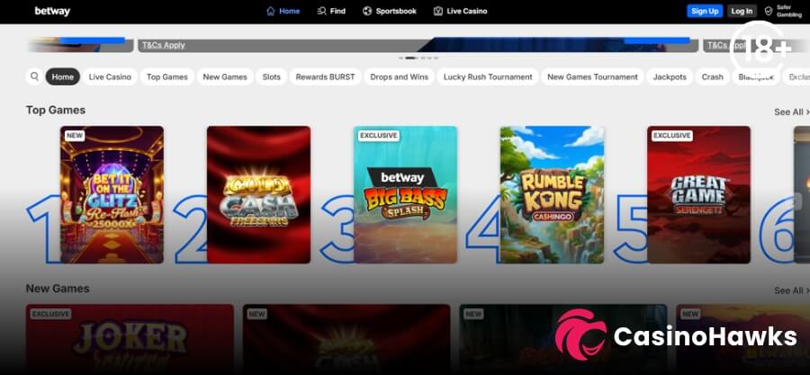 A white desktop lobby interface preview for Betway Casino displaying a top header with navigation links for Sportsbook, Live Casino, Sign Up, Log In, and a Safer Gambling tab. Below, pill-style category filters include Home, Live Casino, Top Games, New Games, Slots, Rewards BURST, Drops and Wins, Lucky Rush Tournament, New Games Tournament, Jackpots, Crash, and Blackjack. The "Top Games" section features numbered 1 through 6 game cards for Bet IT On The Glitz Re-Flash 25000X (NEW), Gold Cash Free Spins, Betway Big Bass Splash (EXCLUSIVE), Rumble Kong CASHINGO, and Great Game Serengeti (EXCLUSIVE). An 18+ age restriction badge rests in the top right corner, and the Casino Hawks pink lion co-branding logo sits in the bottom right corner.