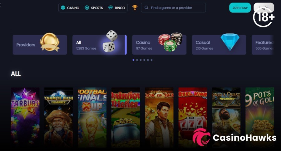 A dark desktop online casino homepage interface displaying top navigation tabs for CASINO, SPORTS, and BINGO alongside a search bar reading "Find a game or a provider", a bright teal "Join now" button, an 18+ age restriction badge, and a white "Login" button. Below is a horizontal category scroll showing Providers (gold medal icon), All 5283 Games (dice icon), Casino 97 Games (poker chips), Casual 210 Games (blue diamond), and Featured 565 Games. The main section titled "ALL" features vertical game cards for NetEnt's Starburst, Red Tiger's Dynamite Riches Megaways, Football Finals X UP, Light & Wonder's Rainbow Riches, Play'n GO's Rich Wilde and the Book of Dead, Reel King, Gonzo's Quest Megaways, and 9 Pots of Gold, with the Casino Hawks pink lion co-branding logo in the bottom right corner.
