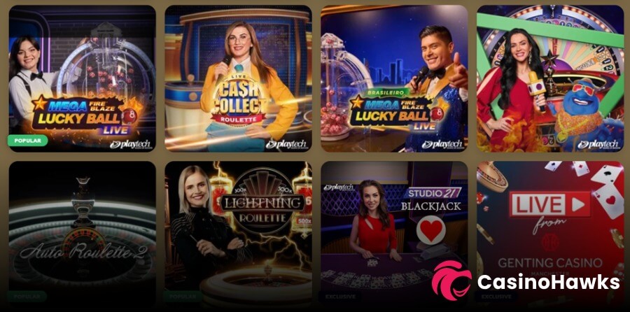 An online casino live dealer lobby grid displaying eight rounded game cards set against a dark background. The top row features Playtech's Mega Fire Blaze Lucky Ball Live with a green "POPULAR" tag; Playtech's Live Cash Collect Roulette with a female presenter in a yellow blazer; Playtech's Mega Fire Blaze Lucky Ball Live (Brasileiro) with a male host; and Playtech's Spin A Win / Spin & Win game show featuring a female presenter and character mascot. The bottom row showcases Auto Roulette 2; Evolution Gaming's Lightning Roulette with a female host and 500x multiplier graphics; Playtech's Studio 21 Blackjack tagged "EXCLUSIVE"; and a land-based stream card reading "LIVE from GENTING CASINO MANCHESTER" tagged "EXCLUSIVE". Includes a CasinoHawks watermark in the bottom right corner.