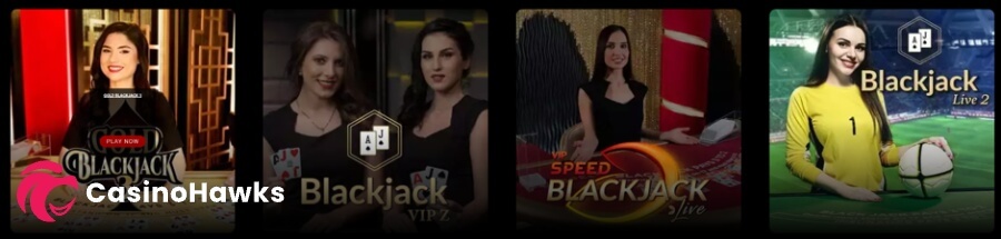 Horizontal live casino lobby row featuring four live dealer blackjack tables set on a dark theme. Left to right cards showcase professional human dealers at specialized blackjack tables: Gold Blackjack 3 with a red "PLAY NOW" button overlay; Blackjack VIP Z with two female dealers holding blackjack playing cards; VIP Speed Blackjack Live in a luxury studio setting; and sports-themed Blackjack Live 2 featuring a presenter in a yellow sports jersey holding a football against a stadium backdrop.