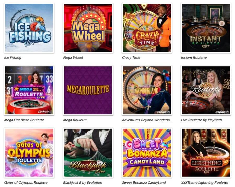 An online casino live dealer lobby grid on a white background displaying twelve game cards with text captions below. The top row features Ice Fishing Live, Pragmatic Play's Mega Wheel, Evolution Gaming's Crazy Time with a presenter in an orange suit, and Evolution's Instant Roulette Live. The middle row displays Playtech's Mega Fire Blaze Roulette Live, Pragmatic Play's Mega Roulette, Playtech's Adventures Beyond Wonderland, and Live Roulette By PlayTech. The bottom row showcases Gates of Olympus Roulette, Evolution's Blackjack B by Evolution, Pragmatic Play's Sweet Bonanza CandyLand, and Evolution's XXXtreme Lightning Roulette.