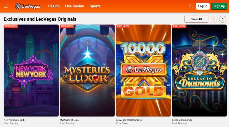 Exclusive LeoVegas Originals and branded slots for the UK market, including New York New York and LeoVegas 10000 X GOLD. Unique casino games developed by Push Gaming and 4ThePlayer available only at LeoVegas