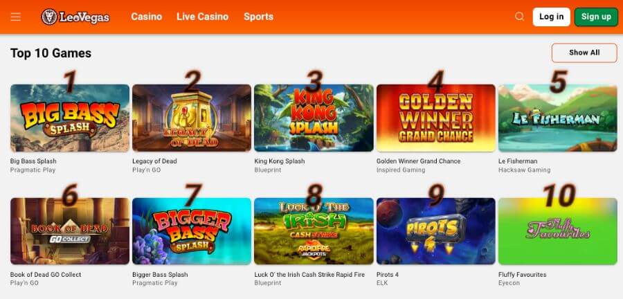Top 10 trending slots at LeoVegas UK featuring Big Bass Splash by Pragmatic Play, Legacy of Dead, and Fluffy Favourites. The LeoVegas casino lobby displays the most popular real money games for British players