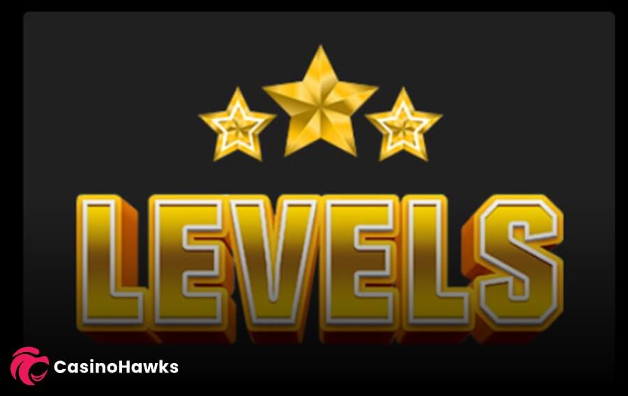 Promotional VIP section graphic set on a dark grey background featuring bold 3D golden text reading "LEVELS" with a white outline. Positioned above the text are three sparkling 3D gold stars arranged in a crest, with the central star larger than the flanking stars.