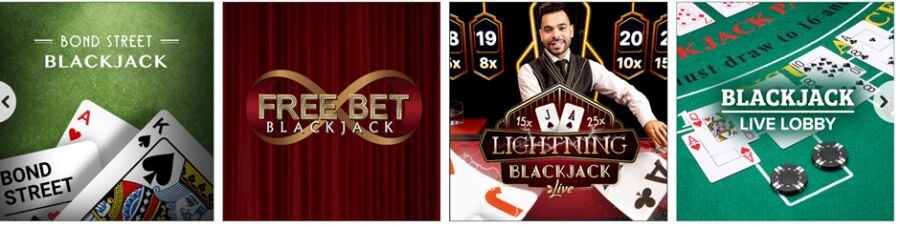 A selection of premium live blackjack rooms for the UK market, featuring Bond Street Blackjack, Free Bet Blackjack, Lightning Blackjack Live, and the general Blackjack Live Lobby. The interface highlights professional live dealers and real-money table game variants, targeting search intent for "best live blackjack UK," "lightning blackjack strategy," and "exclusive live dealer casino."
