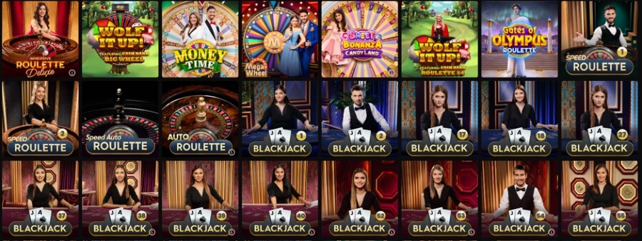 n online casino live dealer software lobby section displaying 24 game thumbnails across three rows. Top row features live game shows and roulette variants: Immersive Roulette Deluxe, Live Wolf It Up! Big Wheel, Live Money Time, Pragmatic Play Live Mega Wheel, Sweet Bonanza Candyland, Live Wolf It Up! Roulette 54, Gates of Olympus Roulette, and Speed Roulette 1. Middle row features live dealer tables: Speed Roulette 2, Speed Auto Roulette, Auto Roulette, and numbered live dealer card tables Blackjack 1, Blackjack 2, Blackjack 17, Blackjack 18, and Blackjack 27. Bottom row shows a continuous line of live dealer tables: Blackjack 37, Blackjack 38, Blackjack 39, Blackjack 40, Blackjack 52, Blackjack 53, Blackjack 54, and Blackjack 55.
