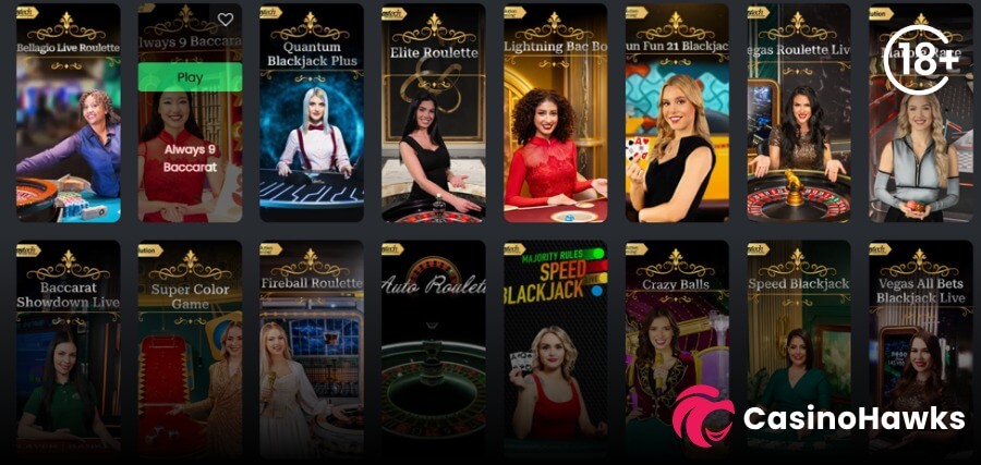 A 2x8 lobby grid displaying 16 vertical live dealer casino table cards with real hosts. Top row features Playtech's Bellagio Live Roulette, Always 9 Baccarat with a green "Play" button, Quantum Blackjack Plus, Elite Roulette, Lightning Bac Bo, Fun Fun 21 Blackjack, Vegas Roulette Live, and Marble Roulette beneath an 18+ age restriction badge. Bottom row displays Baccarat Showdown Live, Super Color Game, Fireball Roulette, Auto Roulette, Majority Rules Speed Blackjack, Crazy Balls, Speed Blackjack, and Vegas All Bets Blackjack Live, alongside the Casino Hawks pink lion co-branding logo.