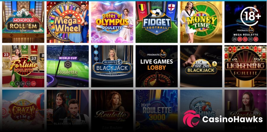 A 3x6 live dealer casino lobby grid displaying eighteen table tiles set against a white interface. Top row features Monopoly Roll 'Em Live with 3D dice, Mega Wheel with co-hosts, Gates of Olympus Roulette, Fidget Football, Money Time with a female host in white, and Pragmatic Play's Mega Roulette beneath an 18+ age restriction badge. Middle row displays Fortune Roulette, World Cup Roulette Live, Always 6 Blackjack Live, Pragmatic Play's Live Games Lobby, Free Bet Blackjack, and Evolution's Lightning Roulette. Bottom row includes Evolution's Crazy Time, Pragmatic Play Blackjack Lobby, Roulette Live, Mega Roulette 3000, and Live Blackjack, with the Casino Hawks pink lion co-branding logo in the bottom right corner.