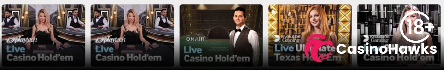 A horizontal row of five live dealer casino poker game thumbnail cards set against a dark background. From left to right: Playtech's Live Casino Hold'em with a female dealer and male dealers in tuxedos, a second Playtech Live Casino Hold'em card, OnAir Entertainment's Live Casino Hold'em featuring a male dealer in a vest and bow tie, Evolution Gaming's Live Ultimate Texas Hold'em featuring a red-haired female dealer, and Evolution's Live Casino Hold'em with a blonde female dealer. An 18+ age verification badge rests in the top right corner, and the Casino Hawks pink lion co-branding logo sits across the bottom right section.