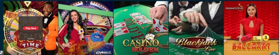 An online casino live dealer lobby selection row set across five vibrant game tiles. From left to right: Evolution Gaming's Crazy Time featuring a host in an orange jacket next to the main bonus wheel with a red "Play Now" overlay; Playtech's Spin A Win live game show with a presenter in a red dress and character mascot; a green felt table featuring Casino Hold'em playing cards and chips; a classic live dealer card table for Blackjack Live with a dealer fanning out a deck; and Pragmatic Play's Baccarat featuring a live host in a red cheongsam at a gold table.