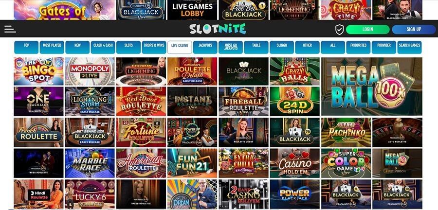 Slotnite Live Casino lobby grid showcasing a variety of live dealer games and game shows. Featured titles include Mega Ball 100x, Monopoly Live, Crazy Time, Lightning Roulette, and XXXtreme Lightning Roulette. This targets search intent for "best live casino games UK," "live game shows online," and "Evolution Gaming live lobby."