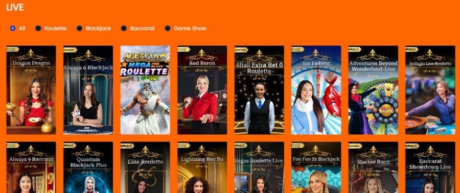 Live casino games lobby with an orange branded interface showing a grid of live dealer titles. Featured games include Mega Fire Blaze Roulette Live, Adventures Beyond Wonderland Live, Quantum Blackjack Plus, Lightning Bac Bo, and Vegas Roulette Live. This targets search intent for "best live casino sites UK," "Playtech live dealer games," and "play live game shows online."