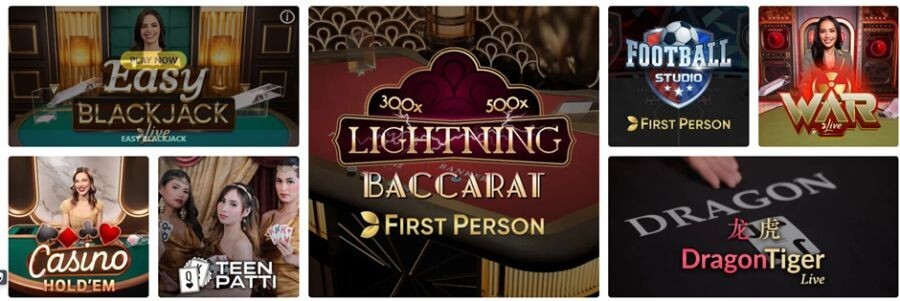 A live casino lobby game selection dashboard. Featured game cards include Easy Blackjack Live, Evolution Gaming's First Person Lightning Baccarat showing 300x and 500x multiplier options, First Person Football Studio, War of Bets Live, Casino Hold'Em, Teen Patti, and Dragon Tiger Live. This targets commercial search queries for "play Evolution First Person games," "best live dealer lightning baccarat sites UK," and "real money live casino card games."