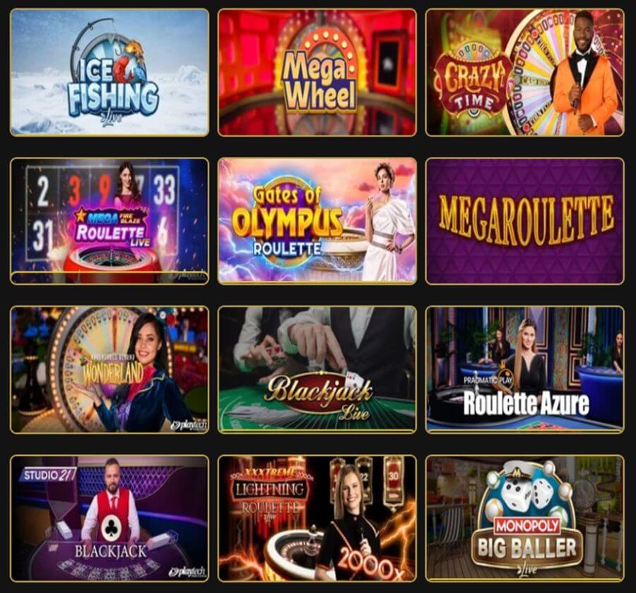 A grid of popular UK live casino games featuring Crazy Time, Mega Wheel, Adventures Beyond Wonderland, and XXXtreme Lightning Roulette live dealer tables.