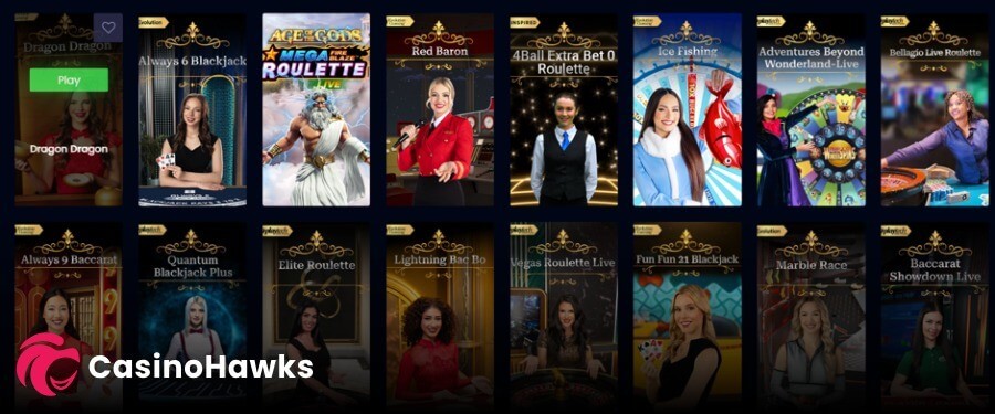 A live dealer casino lobby menu featuring a grid of sixteen game selection cards. The top row showcases Dragon Tiger, Evolution's Always 6 Blackjack, Playtech's Age of the Gods Fire Blaze Mega Roulette Live, Evolution's Red Baron, Inspired's 4Ball Extra Bet Roulette, Evolution's Ice Fishing, and Playtech's Adventures Beyond Wonderland Live and Bellagio Live Roulette. The bottom row indexes Always 9 Baccarat, Quantum Blackjack Plus, Elite Roulette, Lightning Bac Bo, Vegas Roulette Live, Fun Fun 21 Blackjack, Evolution's Marble Race, and Playtech's Baccarat Showdown Live, with a white "CasinoHawks" watermark in the lower left corner.