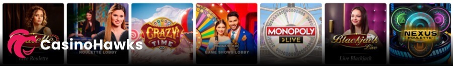 A live dealer casino lobby interface displaying a two-row grid of eight premium game selection tiles on a dark layout. Featured titles include Evolution's Lightning Storm Live (showcasing a dark mad-scientist laboratory background with a massive neon multiplier dial and a real-time player counter of 4,000+), Crazy Time (featuring a vibrant red and gold studio prize wheel), Gold Vault Roulette, Stock Market, Lightning Roulette, Crazy Coin Flip Live, Monopoly Big Baller Live (displaying Mr. Monopoly in a nautical sailor outfit next to a virtual bingo hopper), and Mega Ball 100x