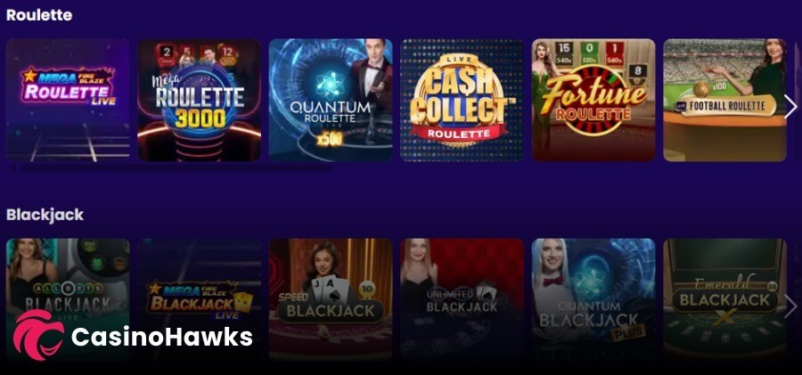 An online casino live dealer platform dashboard organizing games into two horizontal categories over a deep indigo background. The top row, titled "Roulette", displays six game tiles: Playtech's Mega Fire Blaze Roulette Live, Mega Roulette 3000, Quantum Roulette Live x500, Live Cash Collect Roulette, Fortune Roulette, and Live Football Roulette. The bottom row, titled "Blackjack", displays six card room tiles: All Bets Blackjack Live, Mega Fire Blaze Blackjack Live, Speed Blackjack, Unlimited Blackjack, Quantum Blackjack Live Plus, and Emerald Blackjack. A pink and white "CasinoHawks" affiliate watermark logo sits in the bottom left corner.