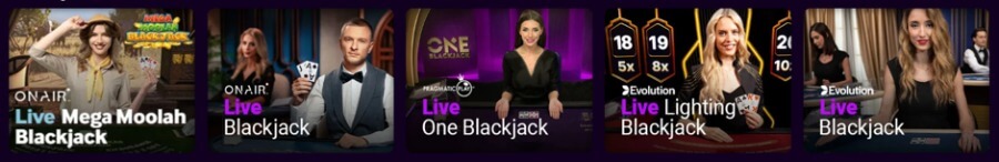 A horizontal online casino live dealer lobby section displaying five live blackjack game thumbnails with real dealers. From left to right: OnAir Entertainment's Live Mega Moolah Blackjack featuring a safari-themed backdrop; OnAir Entertainment's Live Blackjack with a male dealer holding playing cards; Pragmatic Play's Live ONE Blackjack set in a sleek purple studio; Evolution Gaming's Live Lightning Blackjack displaying multiplier cards (5x, 8x, 10x); and Evolution's classic Live Blackjack table.