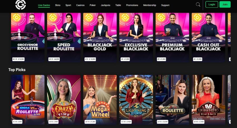 Grosvenor Live Casino lobby showing professional dealers for Roulette, Blackjack Gold, and Game Shows like Crazy Time.