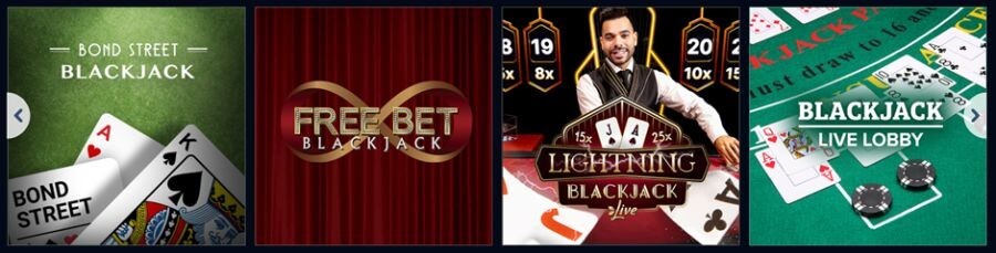 Selection of premium live dealer blackjack titles including the high-multiplier Lightning Blackjack and the popular Free Bet Blackjack variant. The display highlights a range of betting environments from the sophisticated Bond Street theme to a comprehensive Live Lobby overview, optimized for search intent focused on diverse live casino table games in the UK.