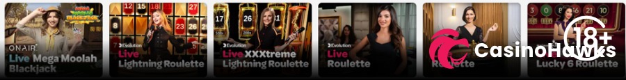 A horizontal row of six live dealer casino table cards set on a dark lobby background. From left to right: OnAir Entertainment's Live Mega Moolah Blackjack featuring a safari-hat host, Evolution's Live Lightning Roulette with a female host holding a microphone in front of a lightning grid, Evolution's Live XXXtreme Lightning Roulette with a host in black, Evolution's classic Live Roulette, studio live roulette, and Pragmatic Play's Lucky 6 Roulette. An 18+ age restriction badge sits in the top right corner, and the Casino Hawks pink lion co-branding logo rests across the bottom right section.