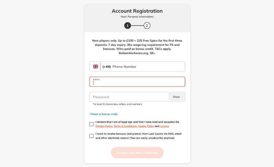 Luck.com new account registration