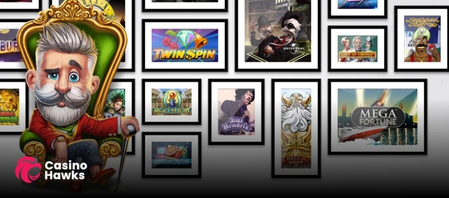 A stylized promotional banner featuring a cartoon mascot with a grey beard, mustache, and red jacket sitting on an ornate gold and green throne while holding a cane. On the wall behind him is a gallery of black-framed slot game artwork including NetEnt's Twin Spin, The Invisible Man, Kings of Chicago, Arabian Nights, Legacy of Egypt, Jimi Hendrix, Hall of Gods, and Mega Fortune, alongside Guns N' Roses and Mega Moolah. The bottom left corner displays the Casino Hawks pink lion logo and white brand text.