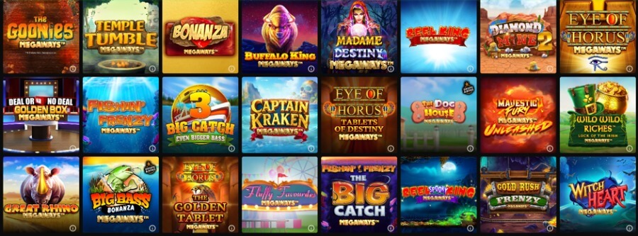 An online casino lobby grid displaying 21 popular Megaways slot game thumbnails across three rows. Top row features The Goonies Megaways, Temple Tumble Megaways, Bonanza Megaways, Buffalo King Megaways, Madame Destiny Megaways, Reel King Megaways, Diamond Mine 2 Megaways, and Eye of Horus Megaways. Middle row displays Deal or No Deal Golden Box Megaways, Fishin' Frenzy Megaways, Big Catch 3 Even Bigger Bass, Captain Kraken Megaways, Eye of Horus Tablets of Destiny Megaways, The Dog House Megaways, Majestic Fury Megaways Unleashed, and Wild Wild Riches Megaways. Bottom row showcases Great Rhino Megaways, Big Bass Bonanza Megaways, Eye of Horus The Golden Tablet Megaways, Fluffy Favourites Megaways, Fishin' Frenzy The Big Catch Megaways, Reel Spooky King Megaways, Gold Rush Frenzy Megaways, and Witch Heart Megaways.