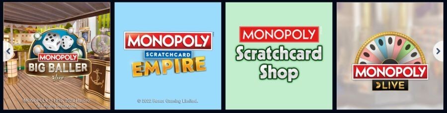 Promotional grid highlighting a range of Monopoly-branded titles including the bingo-style Big Baller Live and the iconic Monopoly Live wheel. The selection also features specialized online scratchcards like Empire and Shop versions. This visual targets search intent for "branded live casino games" and "best online scratchcards UK," emphasizing a high-quality, regulated gaming experience.