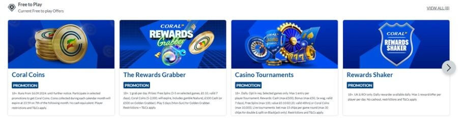 Coral UK "Free to Play" promotion grid featuring four daily reward games: Coral Coins, The Rewards Grabber, Casino Tournaments, and the Rewards Shaker. The interface highlights a guaranteed daily grab for bonuses, with detailed 18+ UK terms for winning free spins, cash prizes up to £500, and Coral Coins redeemable in the internal Coin Store.