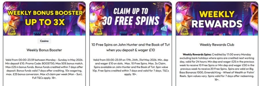 Three side-by-side online casino promotional cards displaying active retention bonuses over a purple neon cityscape backdrop with a starburst icon and a fox face graphic. The left card features the headline "WEEKLY BONUS BOOSTER UP TO 3X" highlighting a "Weekly Bonus Booster" deposit match. The center card reads "CLAIM UP TO 30 FREE SPINS" advertising "10 Free Spins on John Hunter and the Book of Tut when you deposit & wager £10". The right card reads "WEEKLY REWARDS" detailing a structured "Weekly Rewards Club" loyalty scheme. Detailed regulatory and mathematical criteria sit at the bottom of each block.